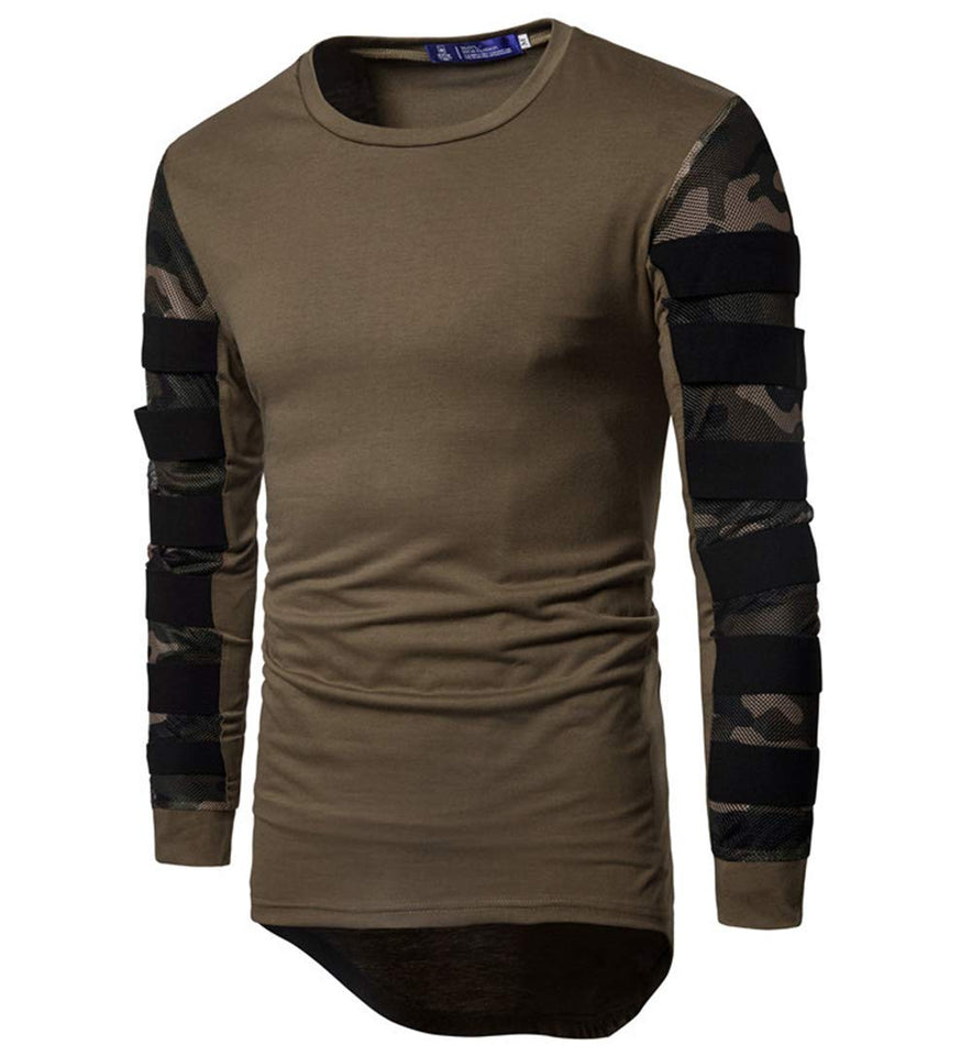 EverNight Camiseta Larga para Hombre Costuras De Malla De Camuflaje De Calle Alta Camisa Estampada De Manga Larga Suéter Pullover Camisa Polo Camiseta De Manga Larga,Green,XXL