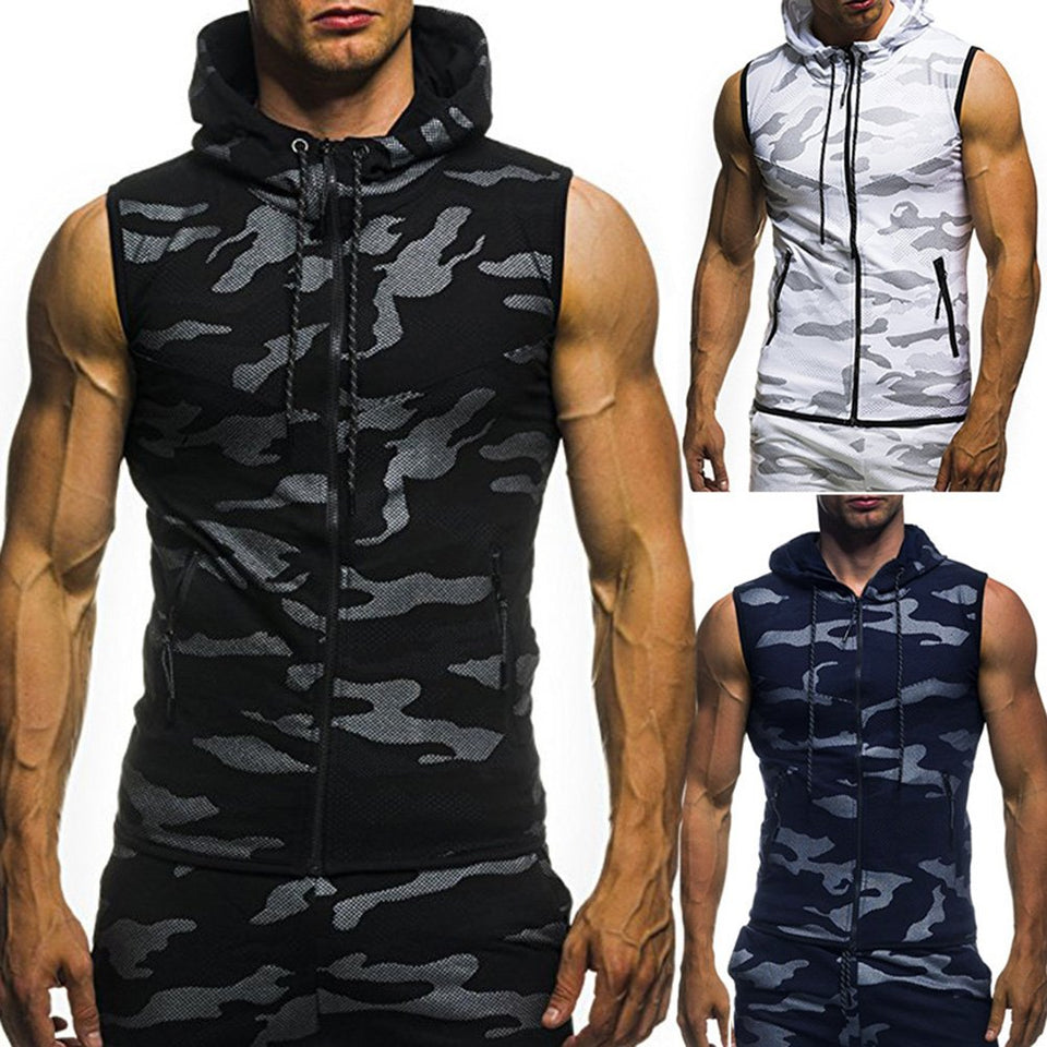 Camisa deportiva con cremallera y gorro para los hombres, camiseta sin mangas con cremallera y estampado de camuflaje para hombre