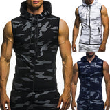 Camisa deportiva con cremallera y gorro para los hombres, camiseta sin mangas con cremallera y estampado de camuflaje para hombre