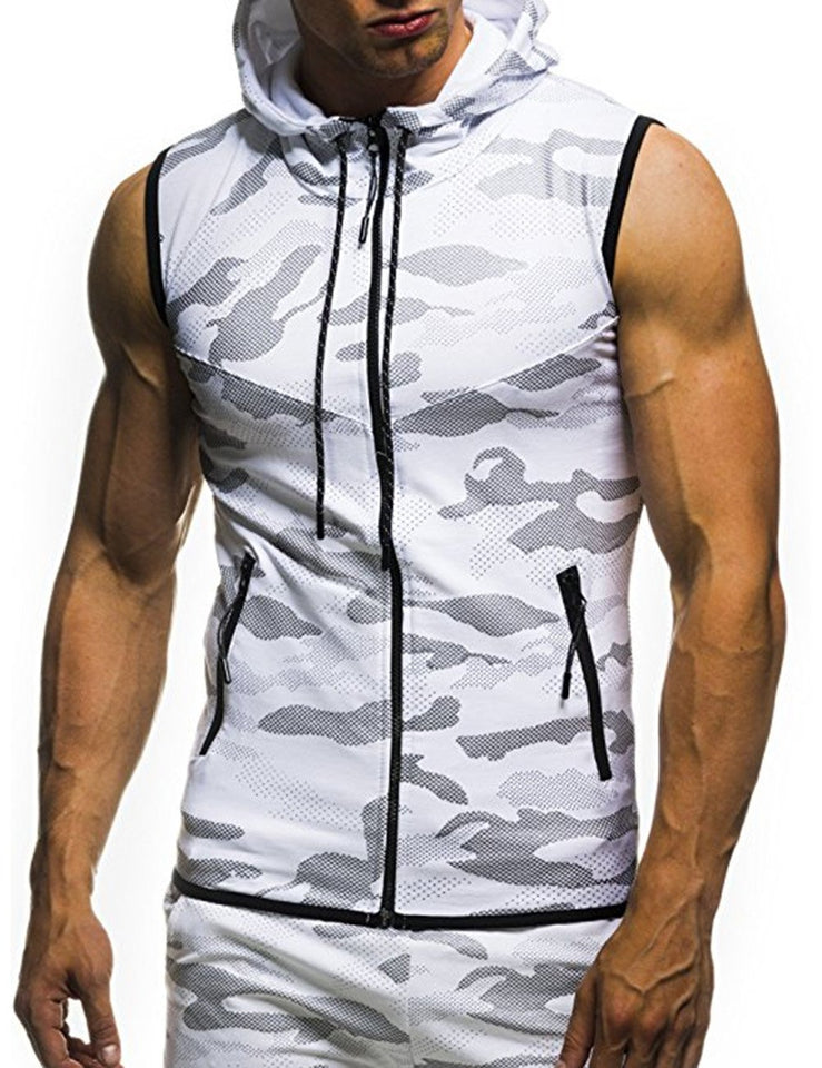 Camisa deportiva con cremallera y gorro para los hombres, camiseta sin mangas con cremallera y estampado de camuflaje para hombre
