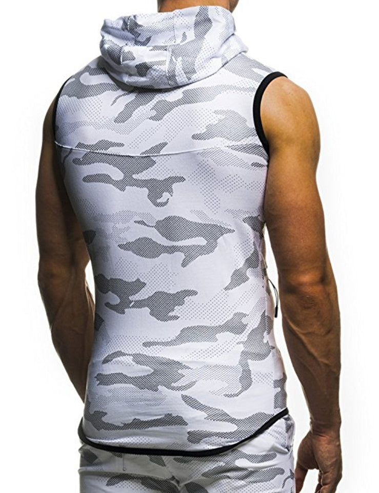 Camisa deportiva con cremallera y gorro para los hombres, camiseta sin mangas con cremallera y estampado de camuflaje para hombre