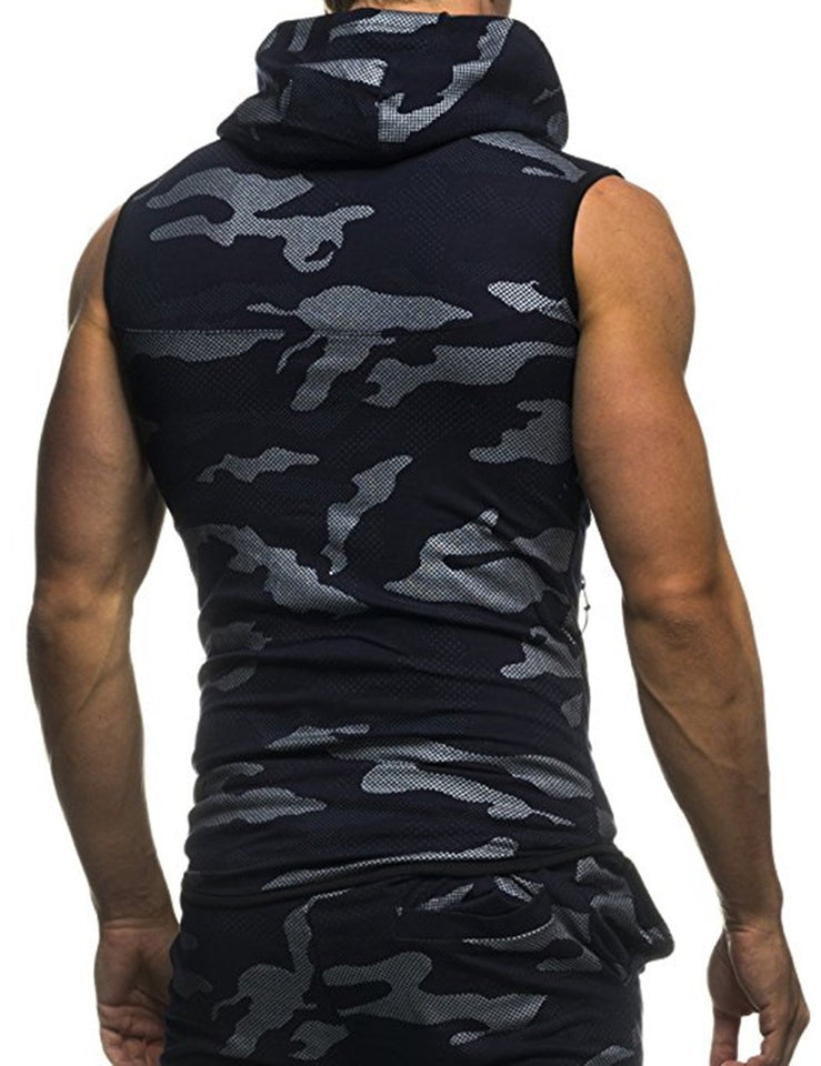 Camisa deportiva con cremallera y gorro para los hombres, camiseta sin mangas con cremallera y estampado de camuflaje para hombre